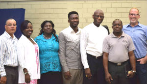 From left to right: Colin Edghill and his wife; Yvonne Bunbury; Chris Bowman (Guyana CHOG General Assembly chair); Milton Grannum; Dexter Cornett; Jim Lyon. Guyana_Centennial_leaders_adj_FORWEB
