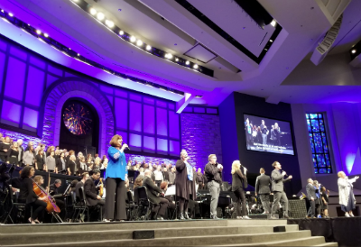 Photo: Sandi Patty, choir, orchestra and more leading worship on Wednesday.